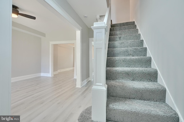 stairs with hardwood / wood-style flooring and ceiling fan