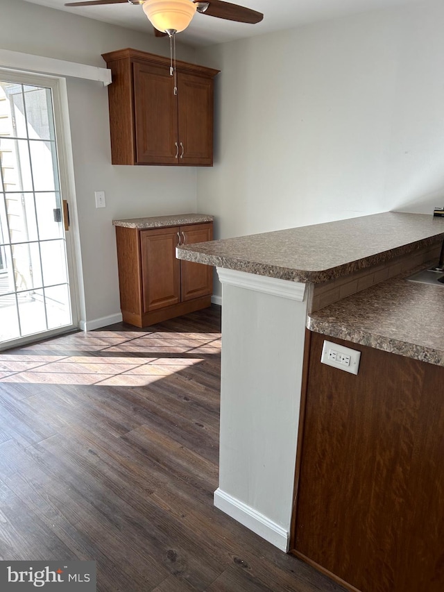 kitchen with ceiling fan and dark hardwood / wood-style floors