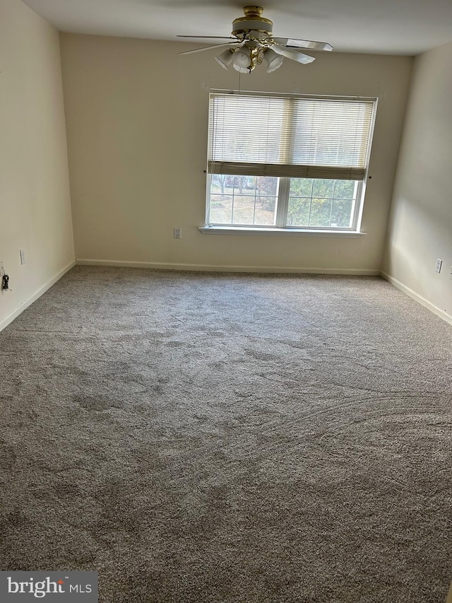 carpeted spare room with ceiling fan