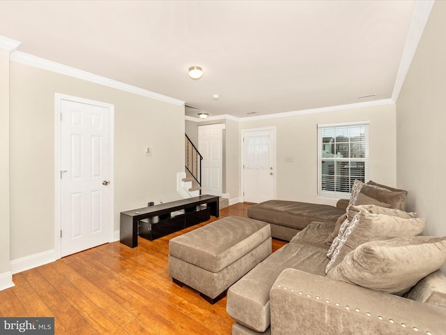 living room featuring hardwood / wood-style flooring and crown molding