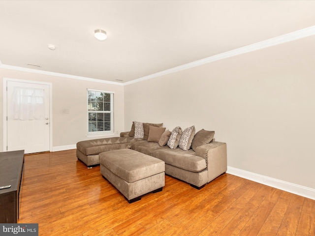 living room with hardwood / wood-style floors and crown molding