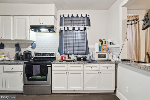 kitchen with white microwave, white cabinets, under cabinet range hood, a sink, and electric stove