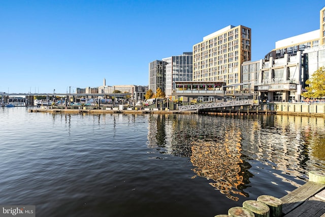 view of dock with a water view