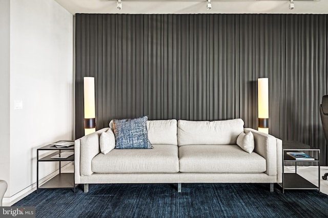 carpeted living room featuring rail lighting