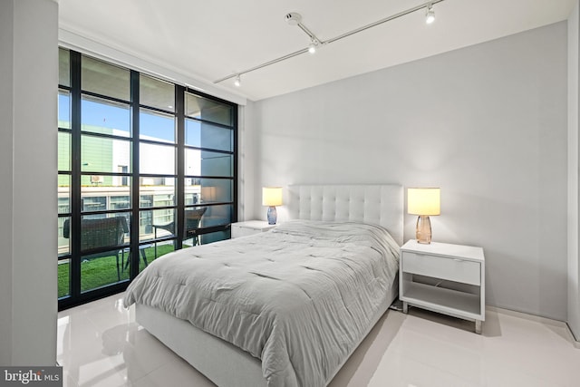 bedroom featuring rail lighting and multiple windows