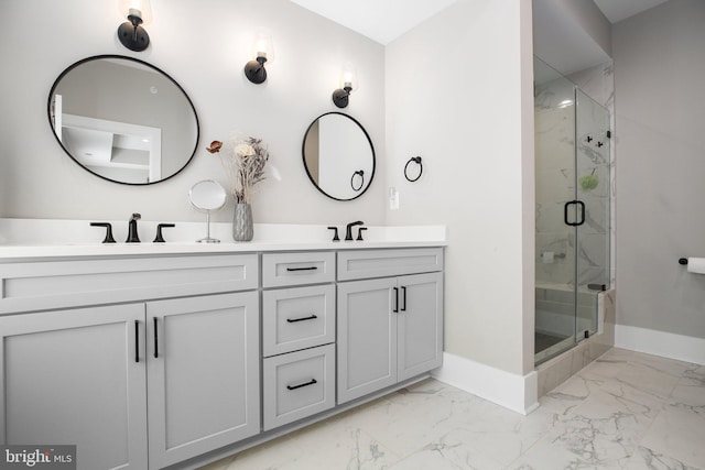 bathroom featuring vanity and a shower with door