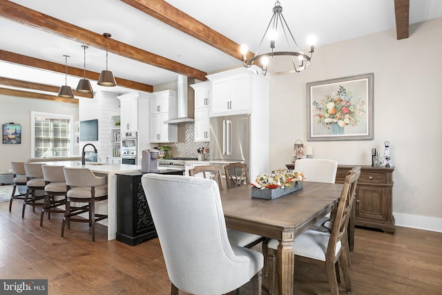 dining room with a notable chandelier, beam ceiling, and dark hardwood / wood-style flooring