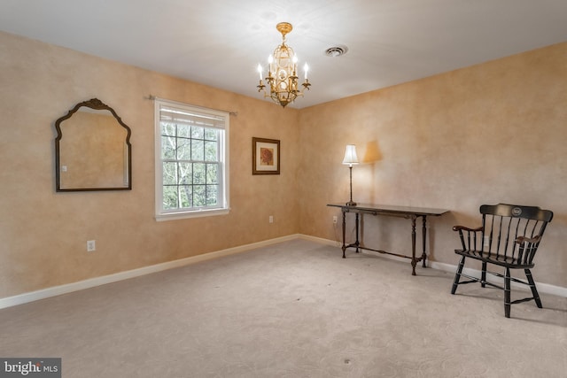 living area with carpet floors, baseboards, visible vents, and a notable chandelier