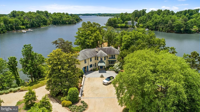 aerial view featuring a water view