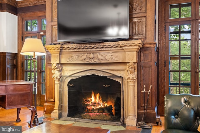 details featuring a premium fireplace and hardwood / wood-style floors