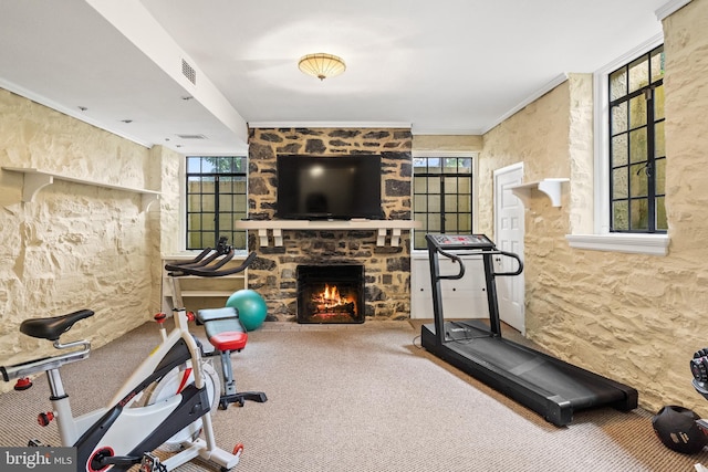 exercise area featuring carpet flooring, crown molding, and a fireplace