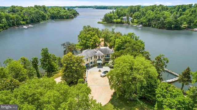 drone / aerial view with a water view