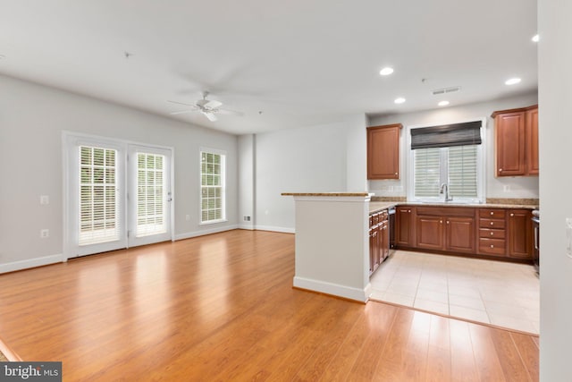 kitchen featuring ceiling fan, a wealth of natural light, sink, and light hardwood / wood-style flooring