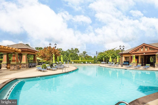 view of swimming pool featuring a pergola and a patio area