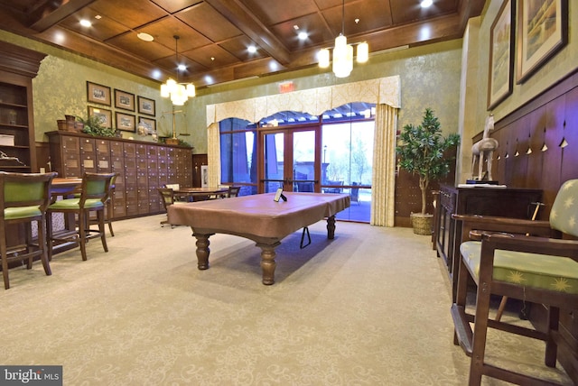 recreation room with light carpet, beamed ceiling, pool table, and coffered ceiling