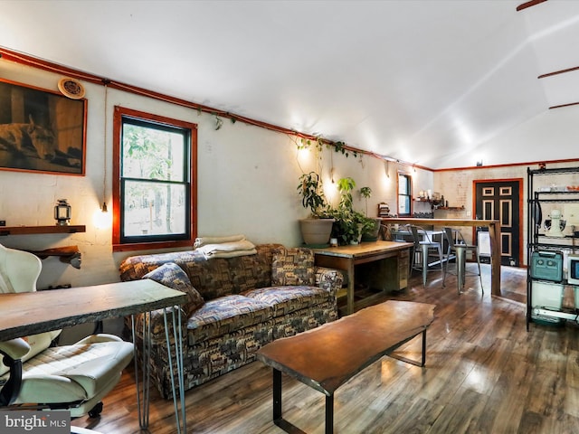 living room with vaulted ceiling and hardwood / wood-style flooring