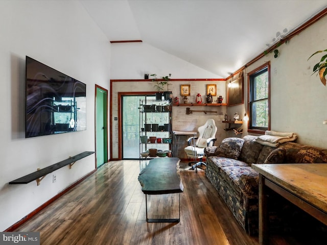 living room with lofted ceiling and dark hardwood / wood-style floors