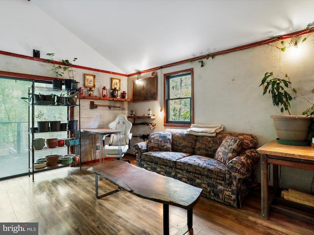 living room featuring hardwood / wood-style floors and vaulted ceiling