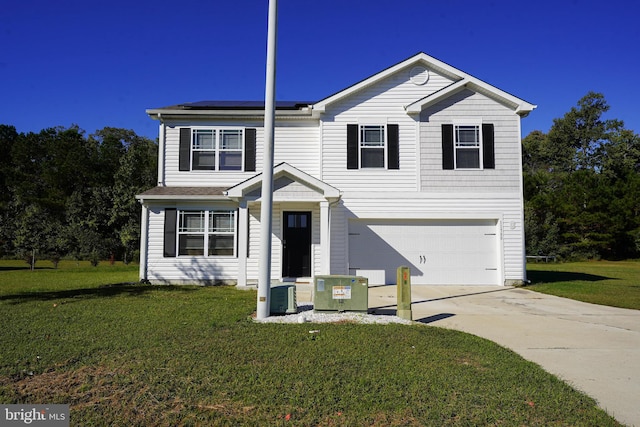 view of front of property with a front yard, central AC, and a garage