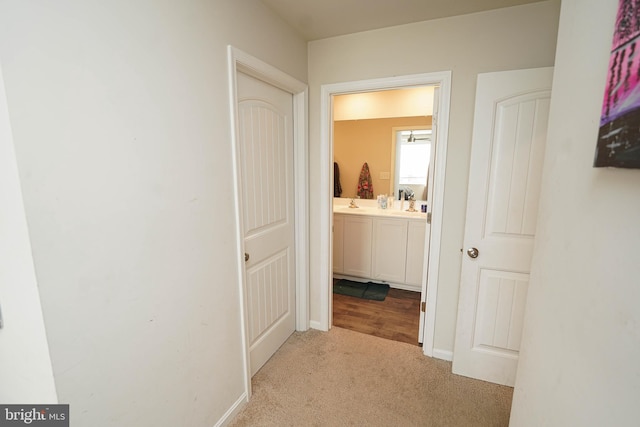 corridor with light colored carpet