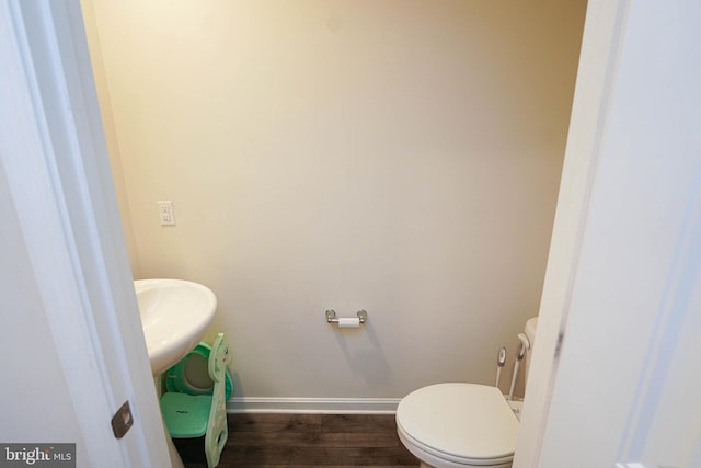 bathroom featuring toilet, sink, and wood-type flooring