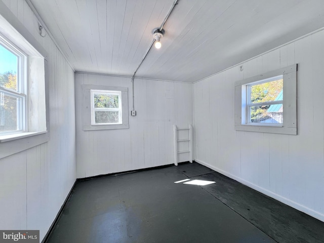 interior space featuring wood ceiling, plenty of natural light, wooden walls, and concrete floors