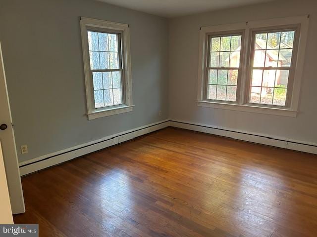 unfurnished room featuring dark hardwood / wood-style floors and a baseboard radiator