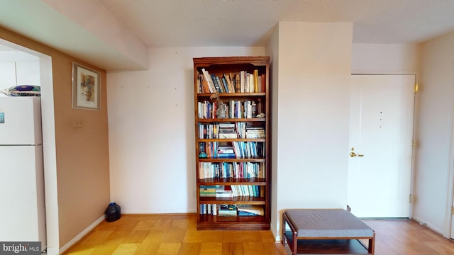 sitting room with light hardwood / wood-style floors and a textured ceiling