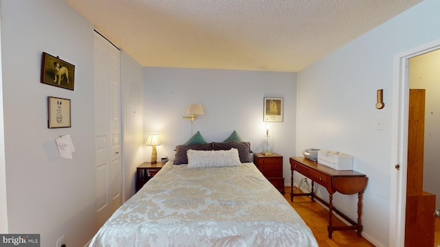 bedroom featuring wood-type flooring and a textured ceiling