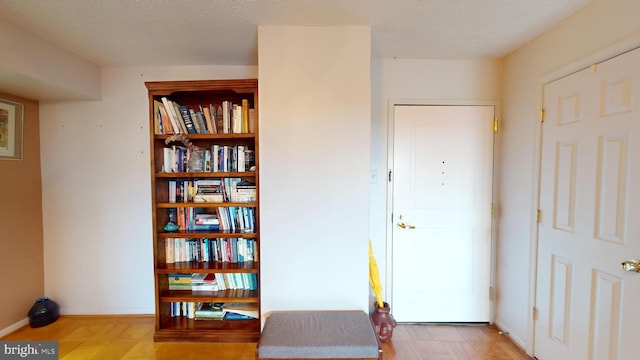 entrance foyer with light wood-type flooring and a textured ceiling