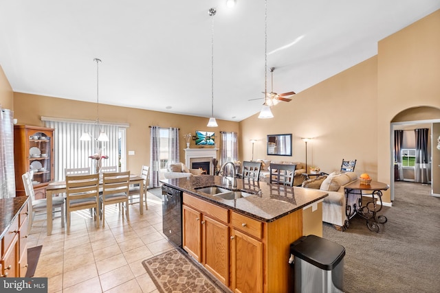 kitchen featuring a wealth of natural light, sink, a kitchen island with sink, and high vaulted ceiling