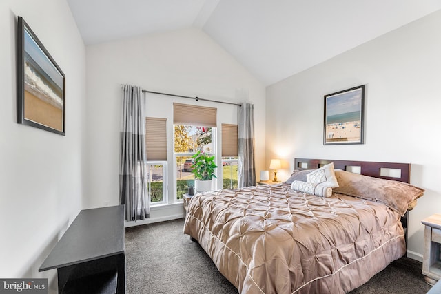 bedroom with dark carpet and vaulted ceiling