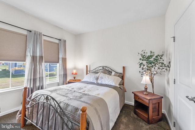 bedroom featuring dark carpet