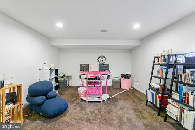 playroom featuring dark colored carpet