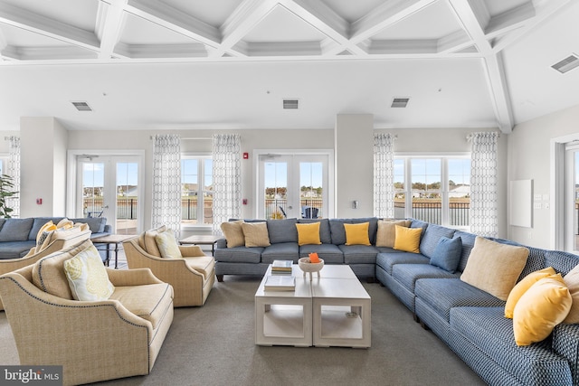 living room featuring beamed ceiling, french doors, coffered ceiling, and carpet