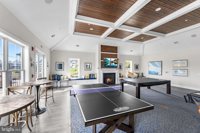 recreation room featuring wooden ceiling, plenty of natural light, and hardwood / wood-style floors