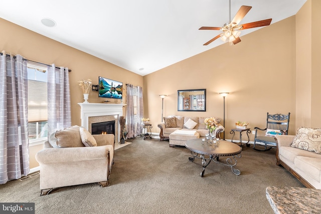 living room featuring high vaulted ceiling, carpet flooring, and ceiling fan