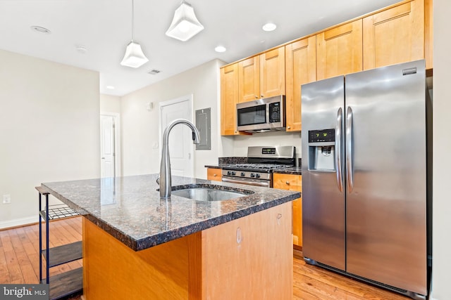 kitchen with a center island with sink, sink, light hardwood / wood-style flooring, and stainless steel appliances