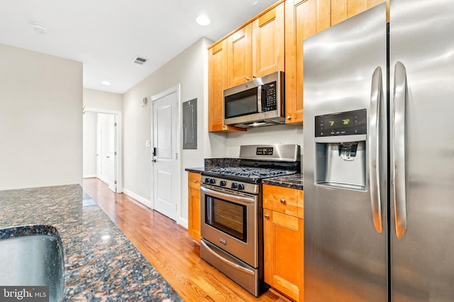 kitchen featuring dark stone countertops, light hardwood / wood-style floors, stainless steel appliances, and electric panel