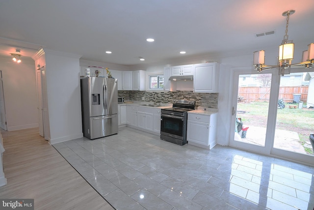 kitchen featuring stainless steel refrigerator with ice dispenser, backsplash, decorative light fixtures, white cabinets, and black electric range oven