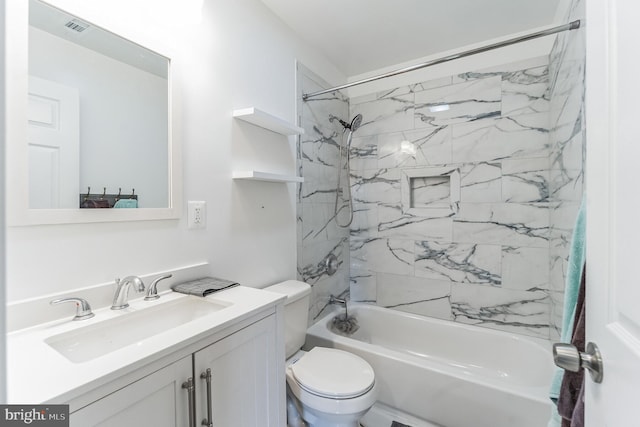 full bathroom with vanity, toilet, and shower / bathtub combination with curtain