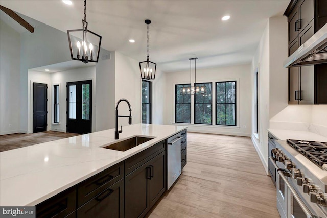 kitchen with stainless steel appliances, light hardwood / wood-style floors, a healthy amount of sunlight, and sink