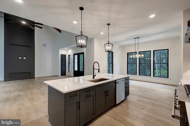 kitchen with stainless steel dishwasher, a healthy amount of sunlight, a center island with sink, and sink