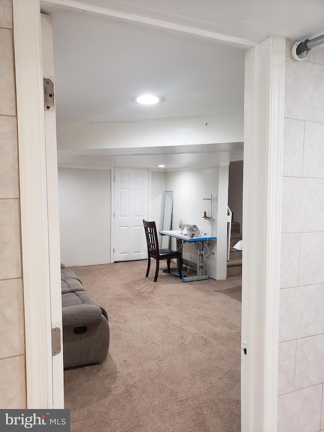 office area featuring carpet floors and tile walls