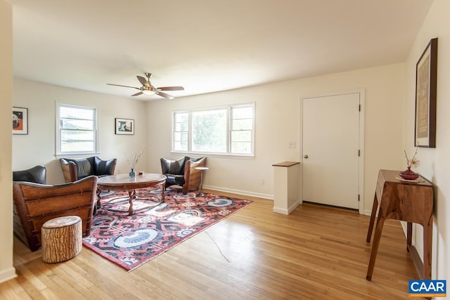 living room with ceiling fan and light hardwood / wood-style flooring