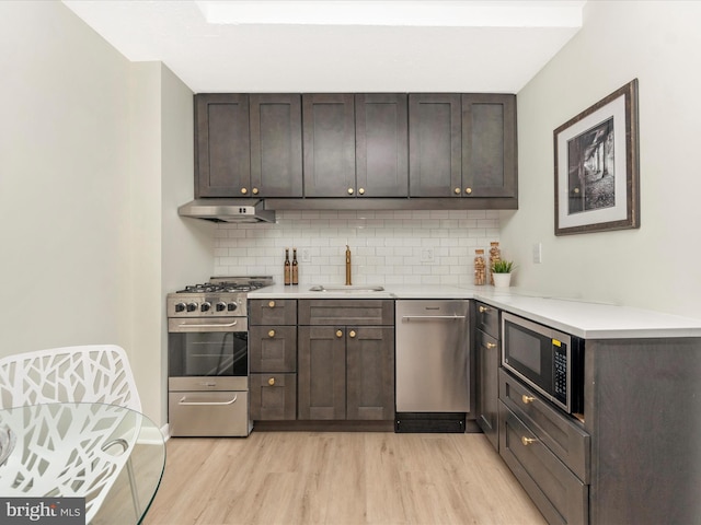 kitchen with extractor fan, dark brown cabinetry, stainless steel appliances, and sink