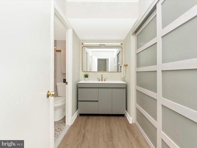 bathroom featuring baseboards, vanity, toilet, and wood finished floors