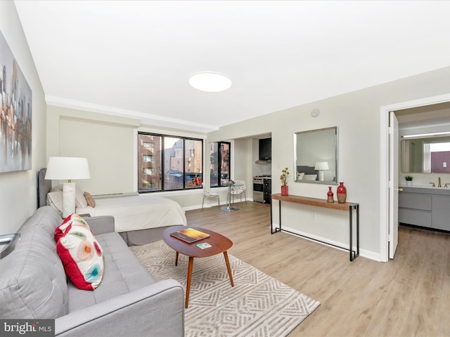 bedroom with light wood-style floors, a sink, and baseboards