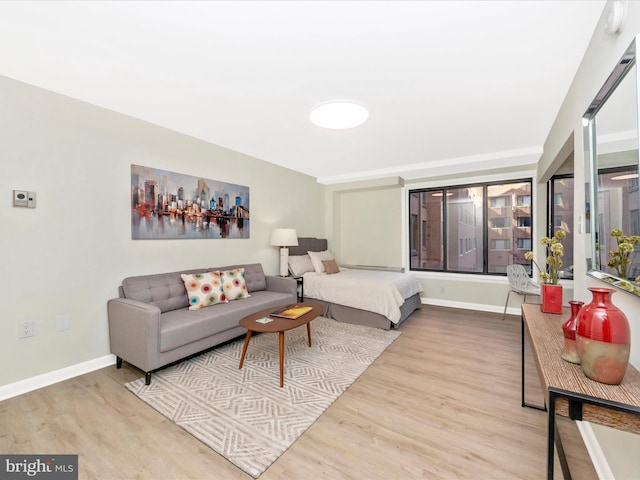 bedroom with baseboards and wood finished floors