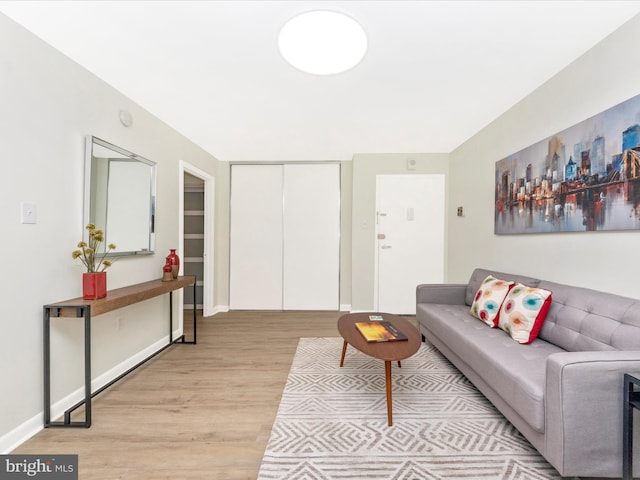 living area featuring baseboards and light wood finished floors